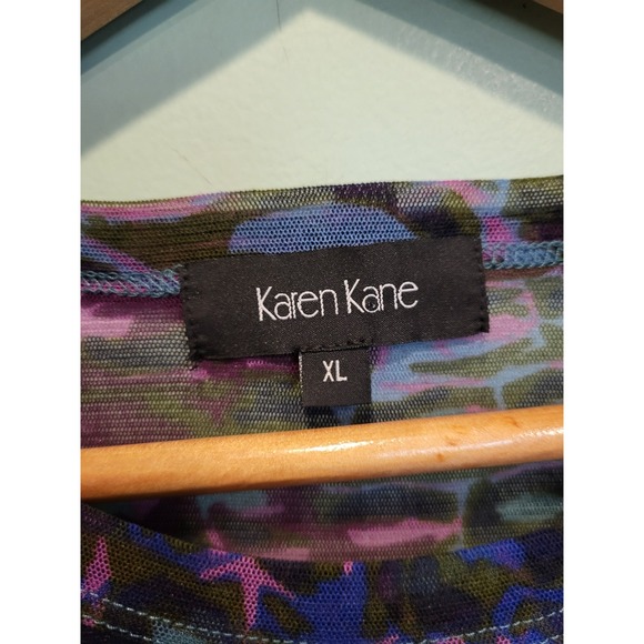 Sheer Mesh Stretch Purple Teal Geometric Short Sleeve Fitted Top Sz XL - Picture 5 of 7